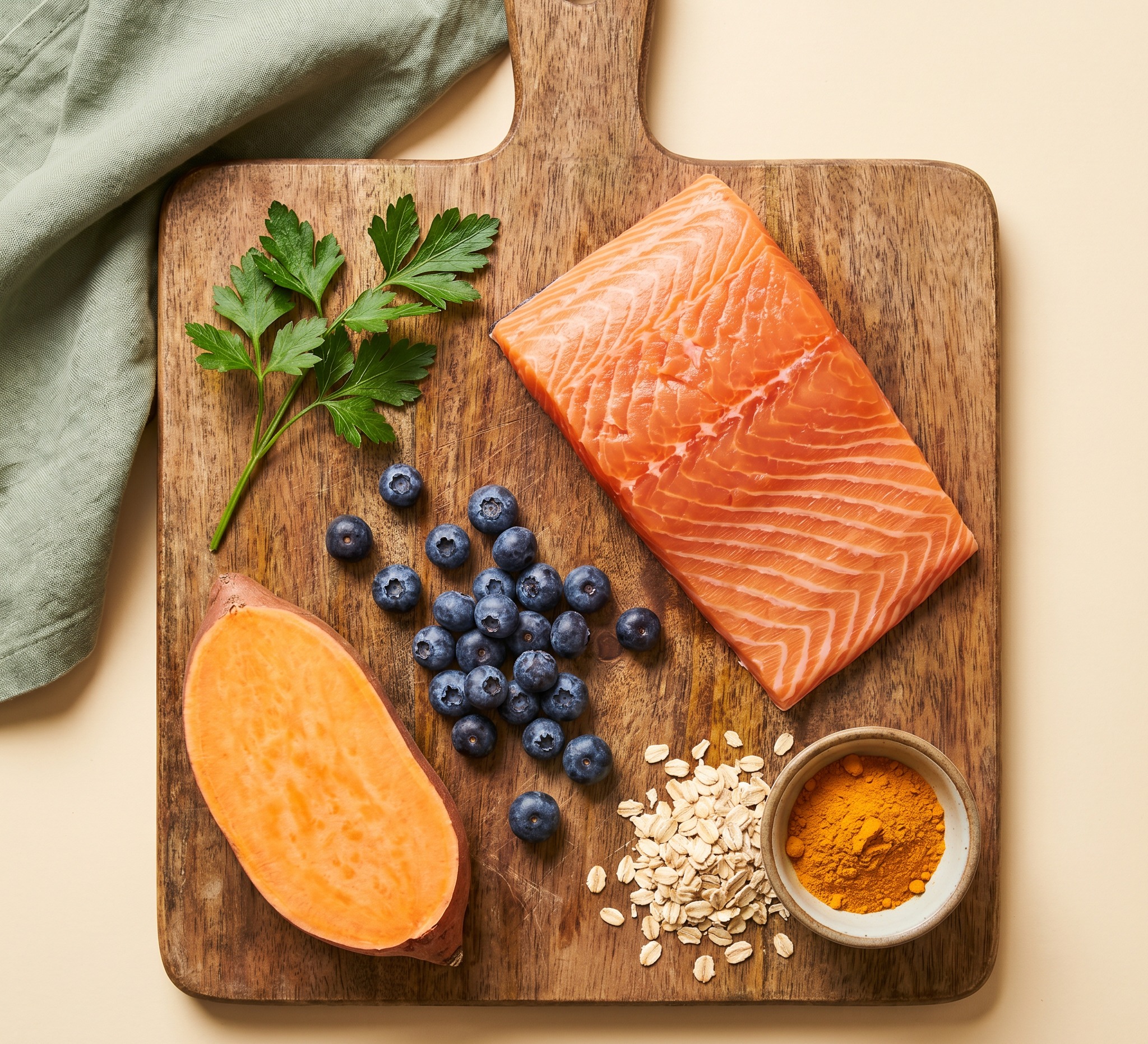 Overhead flat lay of fresh whole ingredients on a wooden cutting board — salmon fillet, sweet potato, blueberries, parsley, oats and turmeric