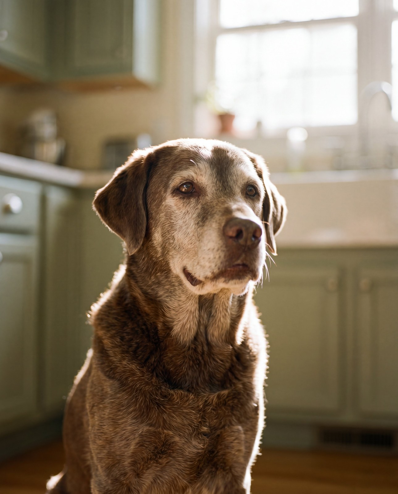 Portrait of a senior labrador in a sunlit sage-green kitchen, looking calm and content
