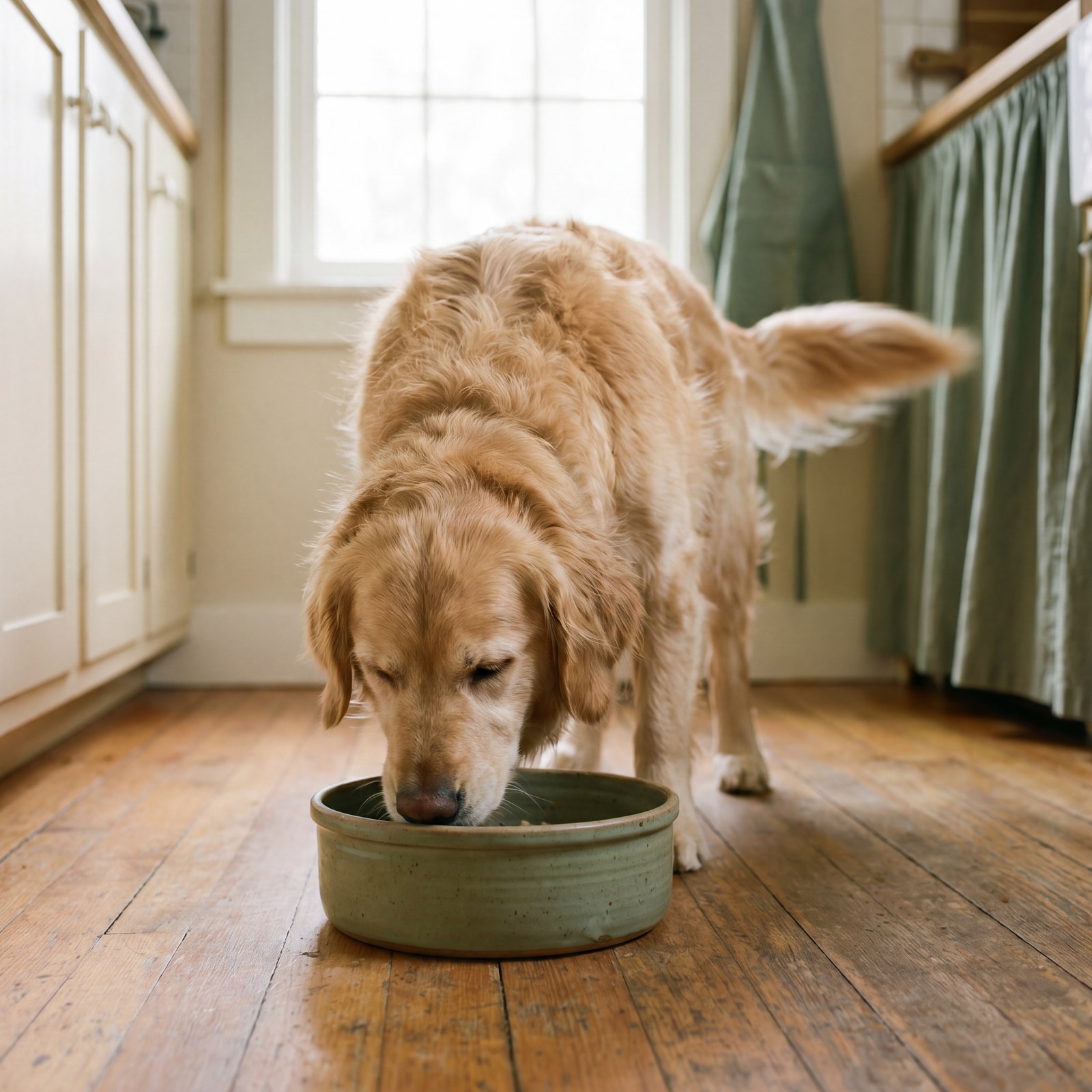 A happy golden retriever eating from a sage-green ceramic bowl on a warm wooden kitchen floor, tail mid-wag