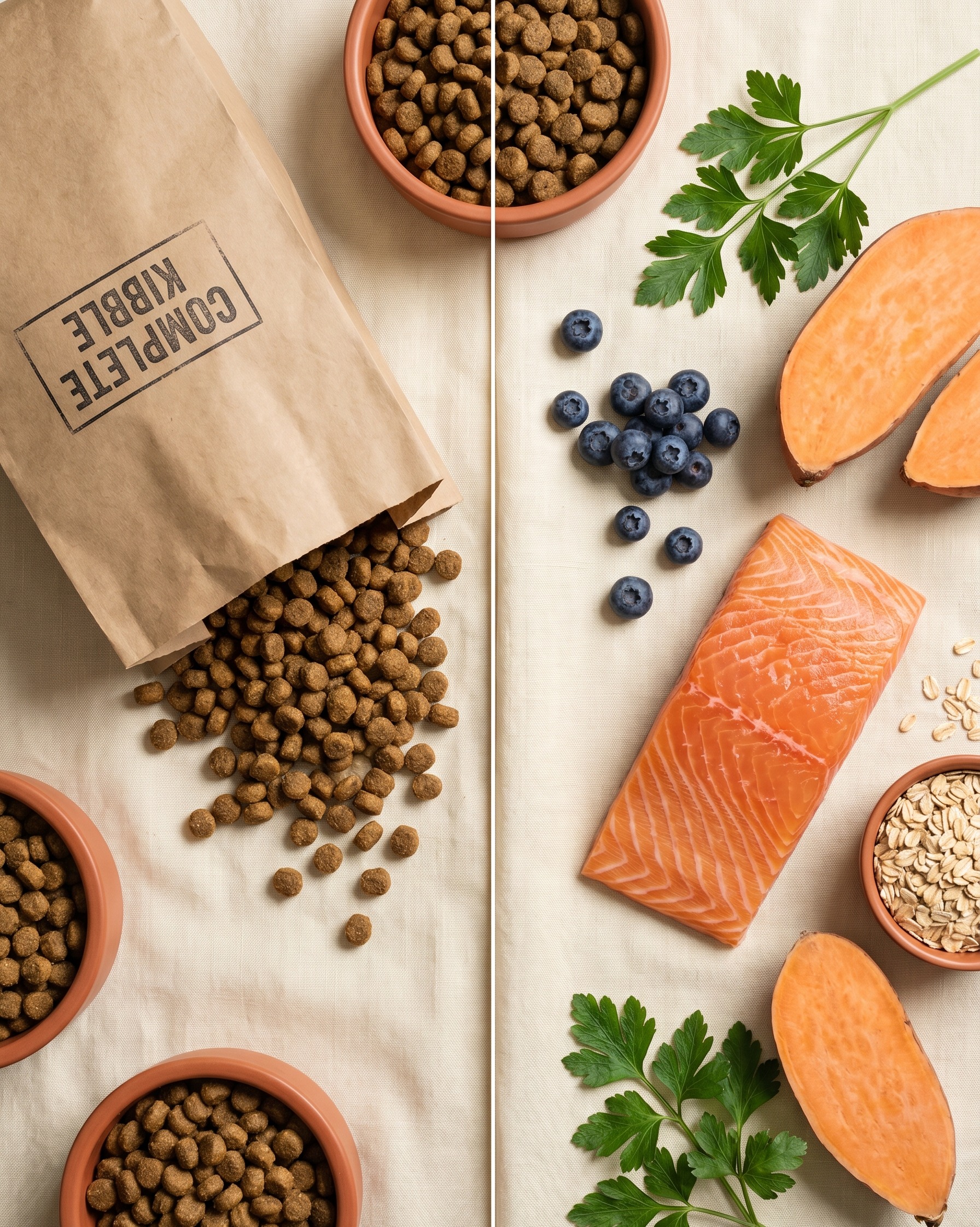 Split flat lay comparing a bag of brown commercial kibble on the left with fresh whole ingredients — salmon, blueberries, sweet potato, parsley and oats — on the right